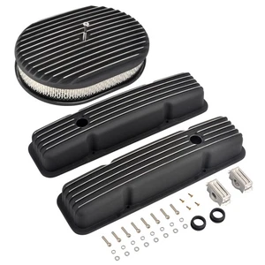Black Aluminum Finned Short Valve Covers & 12" Air Cleaner Fit 58-86 SBC Chevy - Bild 1 von 12