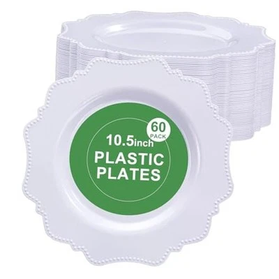  60 пластиковых обеденных тарелок для вечеринок — 10,5 дюйма — тяжелые тарелки 10,50 дюйма, белые - Изображение 1 из 4