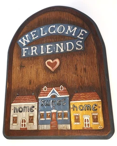 Holz Welcome Friends ❤️ Plakette Landhaus Kern rustikal handgeschnitzt & bemalt USA Vintage - Bild 1 von 11