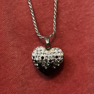 "Colgante de cristal blanco y negro corazón burbuja, 14"" plata 925 gargantilla Italia HSJ Foto 1 de 4