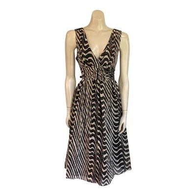 Citi Midi Zebra Dress Sz 14 Cotton V-Neck Pleat Waistband Sleeveless Lined Brown - image 1 of 4