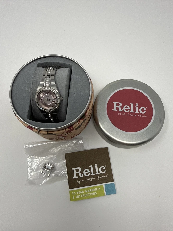 Reloj Relic Mujer Cristal Plateado Esfera Rosa Fecha Cuarzo - Batería Nueva, Funciona Foto 1 de 4