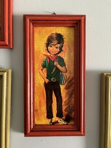 VintaGe 60s Kitsch Framed MCM Art Print Cartoon-y Big Eyes Boy NOS Estate Find - Picture 1 of 5