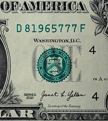 2021 $1 bill fancy serial, birthday date note August 19, 1965. D 81965777 F - Image 1 of 3
