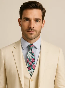 Tie Makes The Suit - Luxury Cotton 7CM Slim Mens White Floral Pink Green Gift 86 - Picture 1 of 4