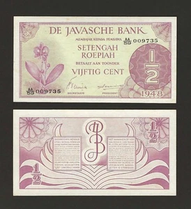 NETHERLANDS INDIES 1/2 Roepiah 1948, P-97 Large Prefix, Original UNC Grade - Picture 1 of 1