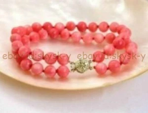 2 Rows Natural 6-7mm Pink Coral Round Gemstone Beads Bracelet 7.5 inch - Picture 1 of 6