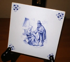 Vintage 1970 DELFT Dutch DOCTOR & Patient Tile  5" x 5"  K.N.G. & S.F.  Holland - Picture 1 of 10