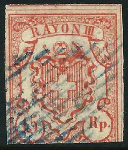 SWITZERLAND - 1852 15 Rp 'ROSE'  RAYON III' SG 23 GU Cv £170 [A2769]* - Imagen 1 de 2