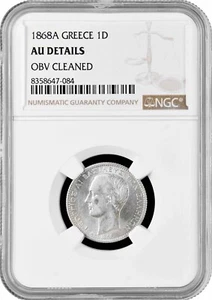 Greece 1 drachma 1868 A, NGC AU Det., "King George I (1863 - 1922)" silver coin - Picture 1 of 2