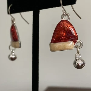 Glitter Enamel Jingle Bell Christmas Santa Hat Earrings - Picture 1 of 7
