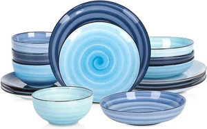 Blue Ceramic 16-Pieces Dinnerware Plates & Bowls Set for 4 with Spray Black Dots - Picture 1 of 7