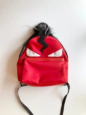 Mochila Fendi roja de nailon satinado negra cuero piel de zorro Mohawk Monster Face nueva con etiquetas Foto 1 de 4