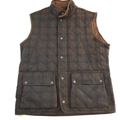 Peter Millar Large Brown Plaid Waxed Quilted Mountainside MF17Z18 Zip Mens Vest - Image 1 of 4