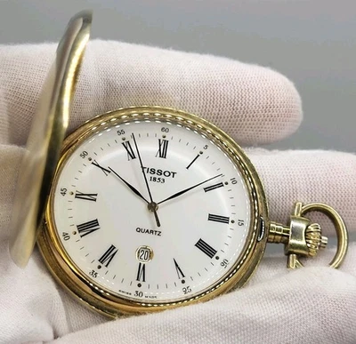 Reloj Bolsillo Suizo [Funciona] 48mm TISSOT Cuarzo Savonnette Para Hombre Fecha Esfera Romana Foto 1 de 4