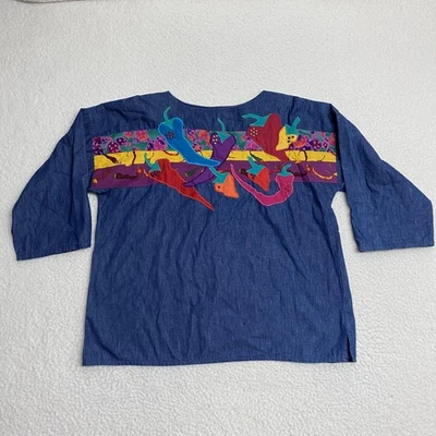 Camisa Alfredo's Wife Mujer Pequeña Azul Denim Chili Pimienta Arte Mural Top Boho Foto 1 de 4