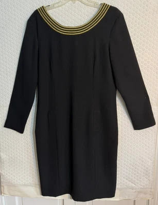 复古 Bloomingdales 长袖黑色连衣裙 - 领带金色细节 - 14 码二手状况完好 — 第 1/4 张图片