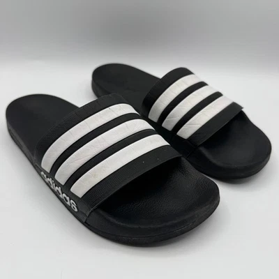 Adidas Adilette Para Hombre 9 Negro Blanco 3 Rayas Slides Sandalias Cómodas Sin Cordones Foto 1 de 4