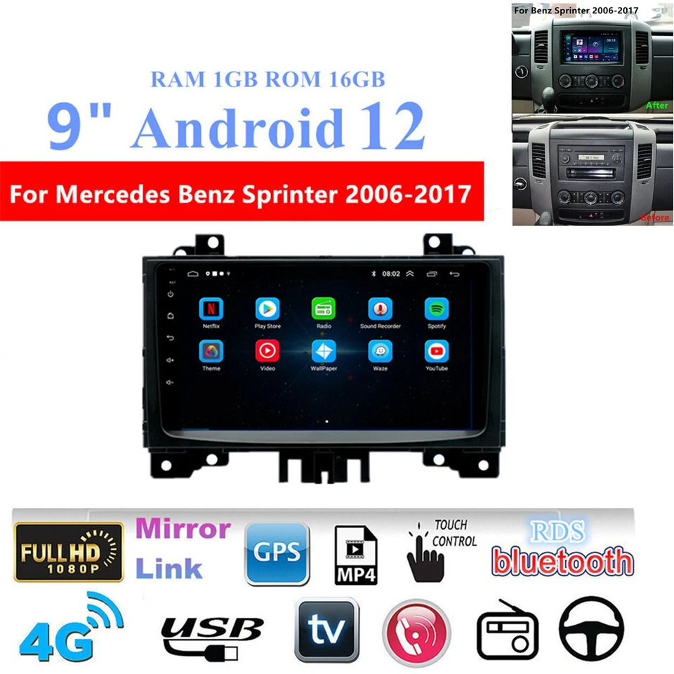 Rádio estéreo veicular GPS Android 12 1GB+16GB para Mercedes-Benz Sprinter 2006-17 9"" - Imagem 1 de 4