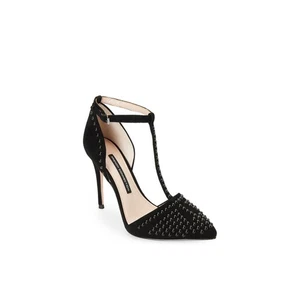 NEU French Connection Größe 9 M Elanah schwarz Wildleder T-Riemen Nieten Stiletto-Heels - Bild 1 von 4