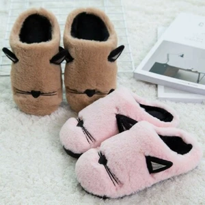 Women Men Cute Cat Ear Faux Fur Fluffy Slip on Slippers Furry Lined Flats Shoes - Picture 1 of 14