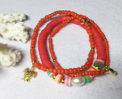 Armband Set 3St. Stretcharmbänder rot-gold Süßwasserperle Heishi Gr.S A294 - Bild 1 von 2