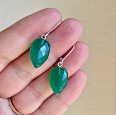 Verde Naturale Onice Lacrima Pendente Orecchino Argento Massiccio Oro Fill - Immagine 1 di 4