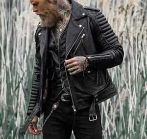 Chaqueta de cuero acolchada de piel de cordero real estilo motociclista calce ajustado para hombre - Imagen 1 de 10