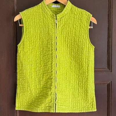 RUSS BERENS | Colete verde ervilha acolchoado mistura de linho com zíper Boho Kantha extra pequeno - Imagem 1 de 4