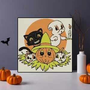 Retro Vintage Mid Century Halloween Friends Counted Cross-Stitch Pattern Chart - Picture 1 of 2