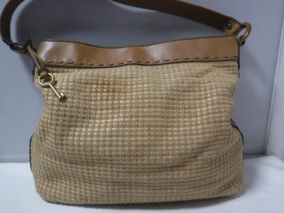 Bolso Hobo GA2 De Colección Cuero Marrón Fósil Beige Tejido Paja Rafia Llave Dije ZB 2221 Foto 1 de 4