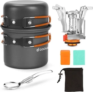 Odoland 6pcs Camping Cookware Mess Kit with Lightweight Pot, Stove, Spork and Ca - Picture 1 of 8