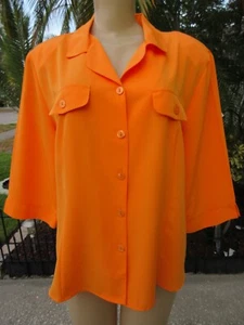 Cathy Che Orange Button Down Blouse Size 16 Short Sleeve Collared Top Pockets - Picture 1 of 7