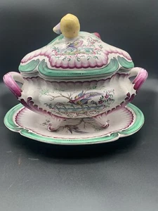 Oletopf signiert Aprey Steingut polychromes Dekor Blumen- und Vogeldekor - Bild 1 von 20