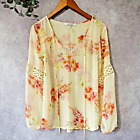 Black Rainn Top  Womens PXL Yellow Floral Lace Accent Long Sleeve Pullover Tie