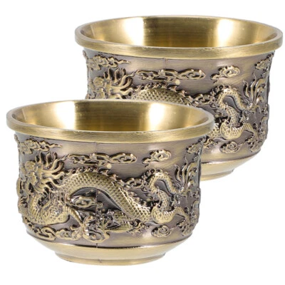 2 peças xícaras de chá chinesas de bronze estilo antigo de dragão e escritório - Imagem 1 de 4