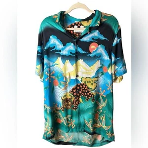 top man 100% viscose button down oriental style tiger and flame shirt size large - Picture 1 of 8