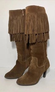 Matisse Sioux Brown Suede Leather Fringed Knee High Boots 3.5" Heel 6.5 Western - Picture 1 of 23