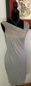 Laila Azhar Bodycon Light Grey Khaki Ruched on Shoulder Mini Dress Size Small - Picture 1 of 7
