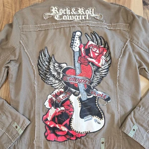 Rock & Roll Cowgirl Embellished Jacket Womens Khaki Size L Military Style Guitar - Picture 1 of 13