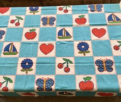Springs Mills Inc Cotton Fabric patchwork blue & white with apples flowers boats - Image 1 of 4