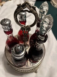 MERMOD JACCARD CRANBERRY RED CRUET SET CUT GLASS CRYSTAL ON SILVER TRAY w HANDLE - Picture 1 of 24