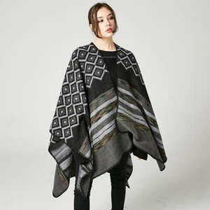 Luxury Celeb Cashmere Like Poncho Blanket Wrap Shawl Cape Retro Diamond Ladies - Picture 1 of 14