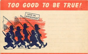 Postal de humor de la Segunda Guerra Mundial maniobras demasiado buenas para ser verdadera pesca - Imagen 1 de 2