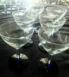 Vintage Antique Cut Glass Cobalt Stemmed Martini Glasses set of 6 - Picture 1 of 5
