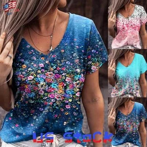 Womens Casual V Neck Floral Print T Shirt Tops Ladies Short Sleeve Loose Blouse - Picture 1 of 26