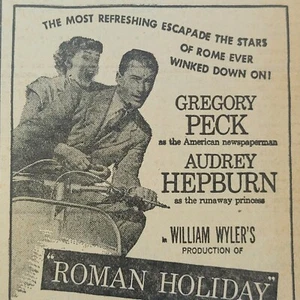 1953 pubblicità film vacanze romane, Gregory Peck Audrey Hepburn, ritaglio giornale - Foto 1 di 2