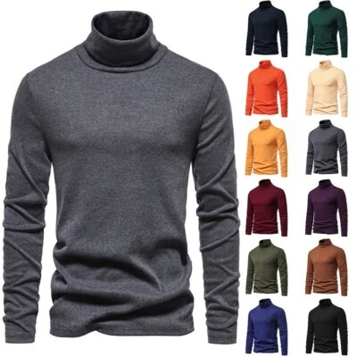 Mens Roll Neck Jumper T-Shirt Turtle Funnel Long Sleeve Polo Tops - Image 1 of 4