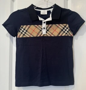 Burberry Boys Polo 8 Youth Navy Black Check Panel Color Block Cotton Pique - Picture 1 of 3