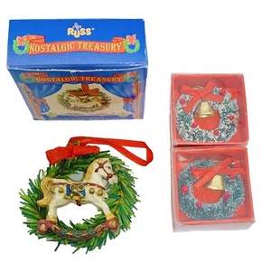 RUSS Rocking Horse Wreath Holiday Ornament + 2 Christmas Wreath Lapel Pins - Picture 1 of 4